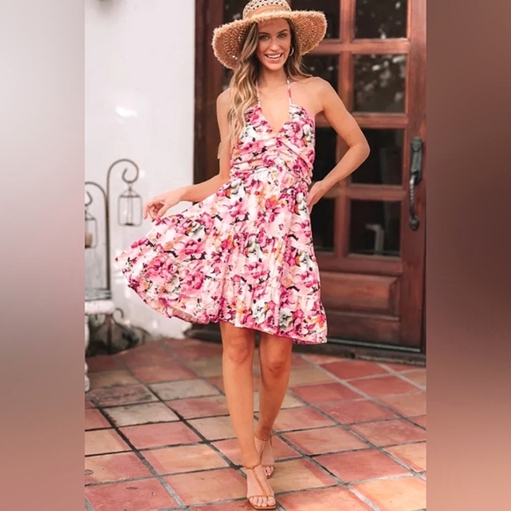Pink Sleeveless Floral Halter Neck Mini Dress